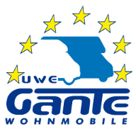 Logo Uwe Gante Wohnmobile Reisemobile dunkelbaue schrift, hellblaues wohnmobilicon mit gelben sternen drüber