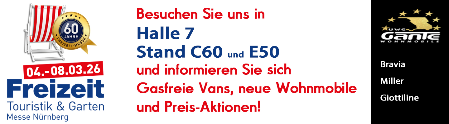 Freizeit Messe Nürnberg Messebanner. Info - Besuchen Sie uns Stand. Halle 7 Stand C60 und E50 und informieren Sie sich über neue Gasfreie Vans, Wohnmobil Modelle und aktuelle Wohnmobil Aktionen. Anzeige Hintergrund weiß und schwarz, Logo Reise,Touristik und Garten Messe Nürnberg und Uwe Gante Logo. Texte weiß, blau, rot und schwarz.