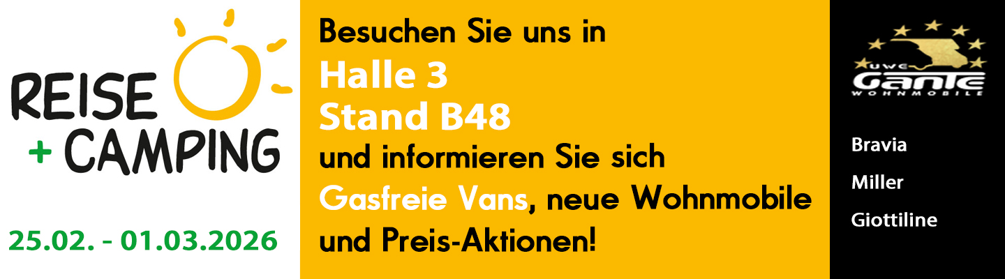 Reis- und Camping Essen Messebanner. Info - Besuchen Sie uns Stand. Halle 3 Stand B48 und informieren Sie sich über neue Gasfreie Vans, Wohnmobil Modelle und aktuelle Wohnmobil Aktionen. Anzeige Hintergrund orane,weiß und schwarz, Logo Reise+Camping Essen und Uwe Gante Logo. Texte weiß, grün und schwarz.